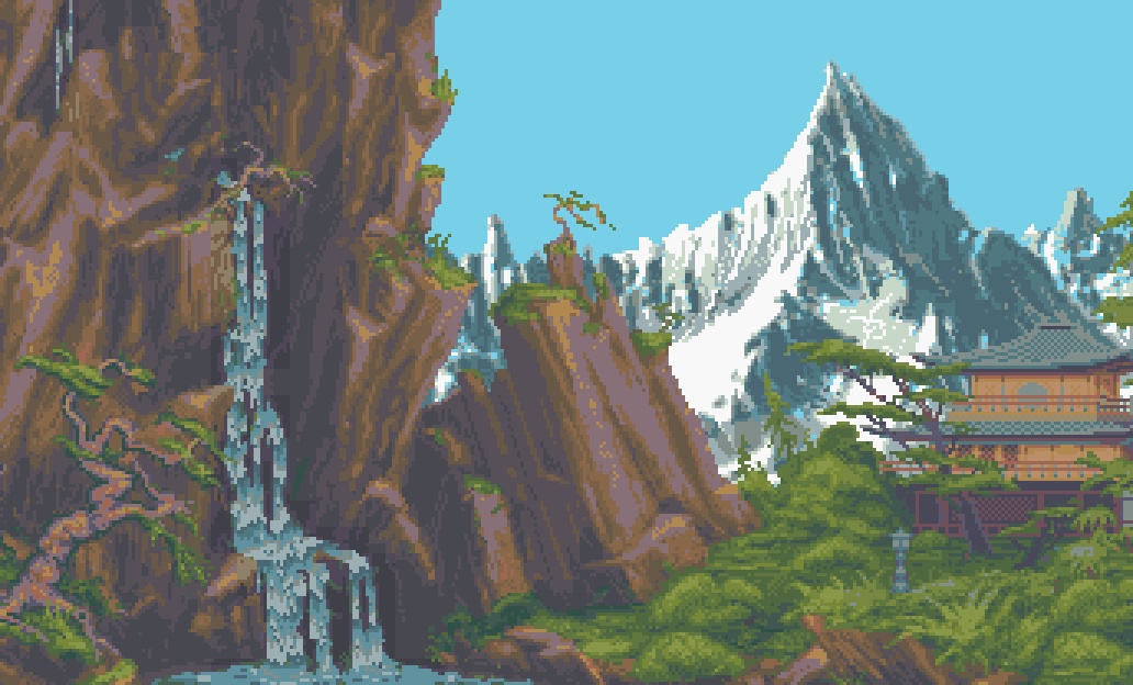 16-color pixel art stage scenery featuring mountains, waterfall, and pagoda.
